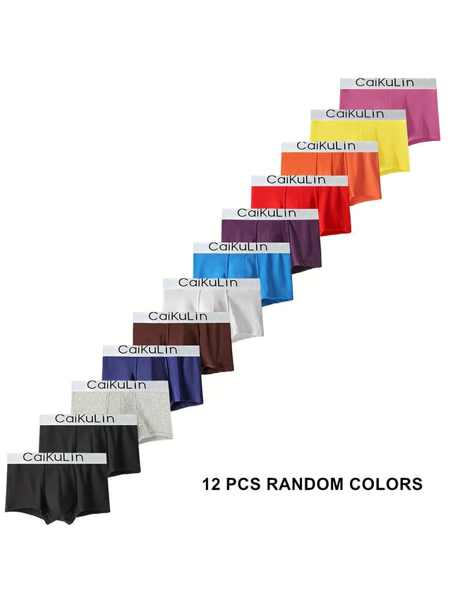 12 Pieces of Randomly Mixed Color Fashionable Men's Underwear, Comfortable Solid Color Mid-Waist Sports Boxer Briefs