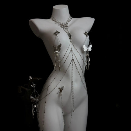 Sexy Body Chain Butterfly Nipple Clamp Breast Massager BDSM Necklace Nipple Ring Anal Plug Clitoris Clip Anal Stimulator Adults