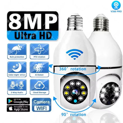 8MP E27 Bulb Surveillance Camera Wifi IP PTZ CCTV Camera 10X Zoom Color Night Vision Human Tracking Security Baby Monitor Cam