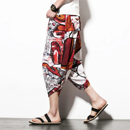 Harajuku Summer Loose Calf Length Casual Pants Men Wide Leg Cotton Linen Printing Baggy Pants Oversize Men's Trousers