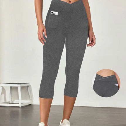 Women's Super Soft Crossover High Waisted Capri Pants With Pockets Tummy Control No See Through Workout Yoga Running Leggings