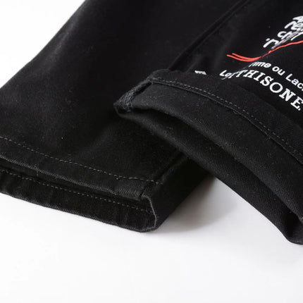 Men Letters Embroidery Printed Jeans Streetwear Slim Straight Stretch Denim Pants Black White Holes Ripped Trousers