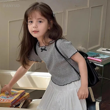 Girls' 1-12Y Korean-Style Knitted Lace-Trimmed Short-Sleeve Summer Ruched Tops: Trendy, Breathable, Bow Tie, Versatile Tee