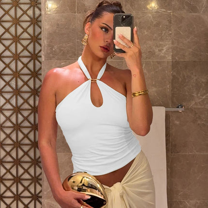 Hugcitar Women's Fashion Halter Solid Loop Backless Bandage Sexy Crop Tank Top 2025 Summer Casual Clothes Streetwear Vacation Club