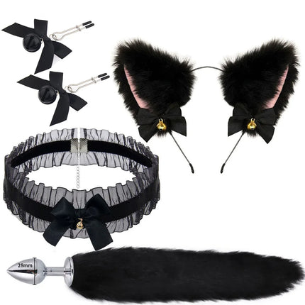 Female Male Erotic Cosplay Accessories of Cute Fox Tail Anal Plug with Soft Bow-Knot Cat Ears Headbands Collar for SM Sex Toys