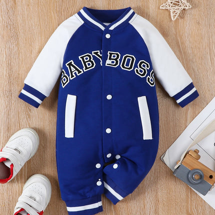 Fashionable letter printed long sleeved round neck cute and personalized baby boy jumpsuit