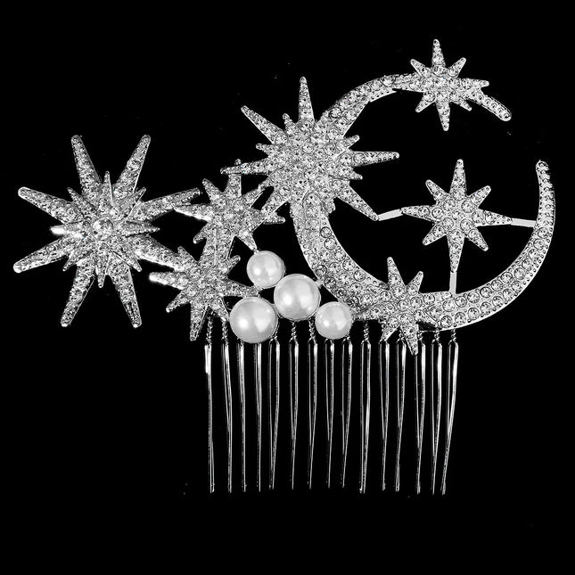 Retro Korean-Style Star and Moon Bridal Hair Comb Classic Pearl Handmade Hair Clip Headpiece For Women Holiday Hair Accessories