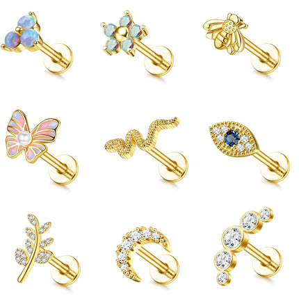 Drperfect 16G Cartilage Earrings Stud for Women Stainless Steel Flat Back Butterfly Moon Flower Helix Tragus Piercing Jewelry