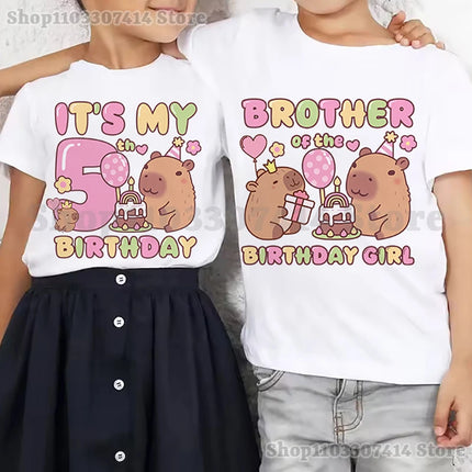 Capybara Girl Anime Cotton T-shirt Kids Cartoon Cute Top Number 1-10 Pattern Print Tee Summer Birthday Party Clothing Gifts 2025