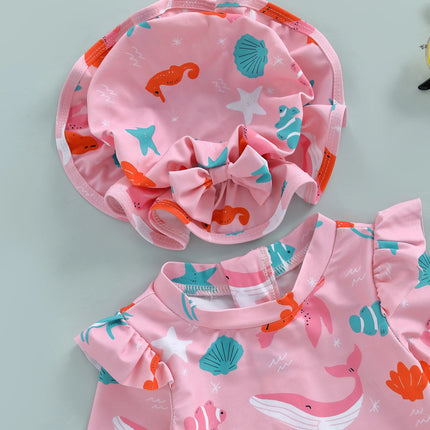 Children Baby Girl Rash Guard Long Sleeve Swimwear with Sun Hat Bathing Suit Infant Swimsuit Newborn 2 Piece Beachwear