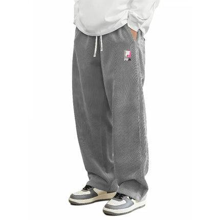 Hot Trendy Male Corduroy Straight Loose Pants Retro FILA Graphic Elastic Drawstring Casual Trousers Two Side Pockets  S-4XL