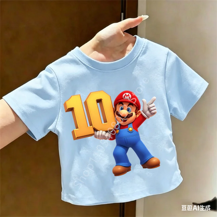 2026 New Super Mario Bros Children's Pure T-shirts Anime Birthday Numbers 1-9, Cute Anime Children's Casual T-shirts
