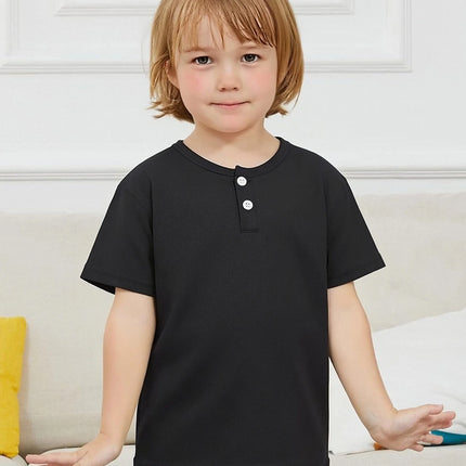 Summer children's solid color fashionable short sleeved button fashion Henry shirt boys and girls casual T-shirt versatile top