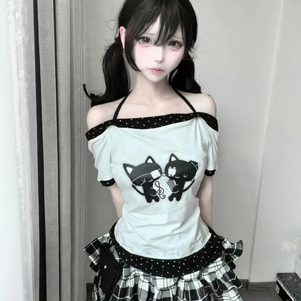 Japanese Sweet Kawaii Cartoon Polka Dot Print T-shirt Women Loose Casual Contrast Color Cute Graphic Tees Y2k Aesthetic Tops New