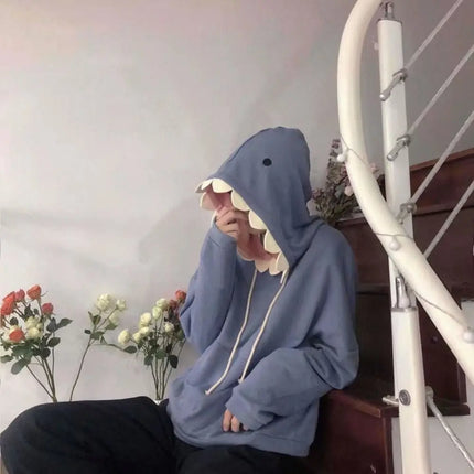 Aesthetic Long Sleeve Fleece Shark Hoodies Drawstring Top Coat Hooded Sweatshirts Casual Loose Shark Hat Sweater School Student
