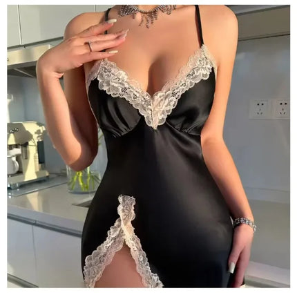 Sexy Backless Mini Nightgown Lingerie for Women Summer Chemise Sleepwear Suspender Nightdress White Satin Lace Home Wear Loungewear
