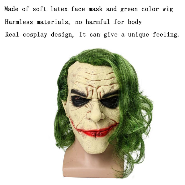 Cosplay Movie Character Bat Joker Man Hero Clown Droll With Green Hair Wig Funny Halloween Mask Full Face Party Costume Props