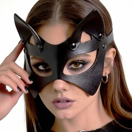 Gothic Punk Cat Mask, Half Face Harness Costume, Fetish Masquerade Cosplay Mask for Women Halloween Carnival Party Date Night