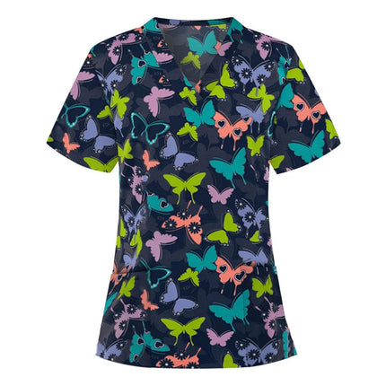 Womens T-Shirts Medical Nursing Uniform Clinical Uniform Woman V-Neck Short Sleeve T Shirt Tops With Pocket Women's Clothing