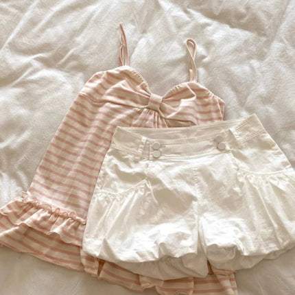 Deeptown Japanese Sweet Camis Women Kawaii Striped Pink Bow Sleeveless Vest Coquette Fashion Cute Summer Slim Up Ruffles Tanks