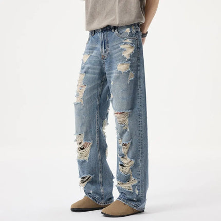 Spring Summer Broken Hole Denim Beggar Jeans Men Streetwear Fashion Hip Hop Loose Casual Baggy Ripped Jeans Pants Trousers