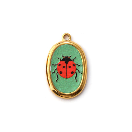 2 Pcs 304 Stainless Steel Insect Charms 18K Gold Plated Oval Printed Ladybug Beetle Pendants For DIY Necklace 28mm X 17.5mm