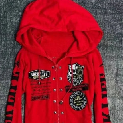 Streetwear Letter Skull Printing Hoodies Women Harajuku Vintage Zipper Gothic Sweatshirt Y2k Aesthetic Red Grunge Casual Hoody