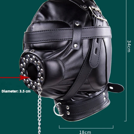 PU Leather Full Head Bondage Hood Mask Adjustable BDSM Headgear Blindfold with Chain Leash Role Play Costume Accessories