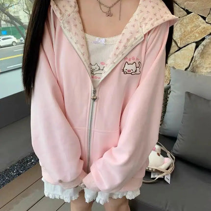 Japanese Kawaii Sweatshirt Long Seleeve Casual Women Subculture Hoodies Rivet Print Coat Cute Sweet Style Chic Women Clothing