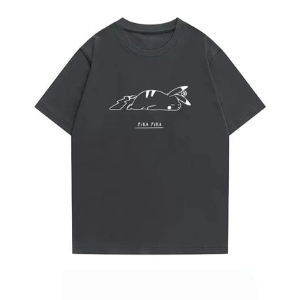 2026 Summer Pokemon Sleeping Pikachu Line Art Print T-Shirt, 100% Cotton Loose Casual Oversized Tee for Adults & Kids Y2k