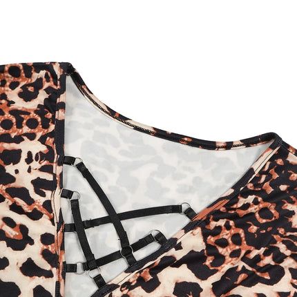 Plus Size Womens Elegant Leopard Print Long Sleeve Top Lace Trim Deep V-Neck Suitable for plus size wear Fashion Sexy
