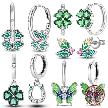 New in 925 Sterling Silver Lucky Clover Earrings for Women Girl Green Leaf Ear Studs Fine Jewelry Fashion Luxury Anniversary
