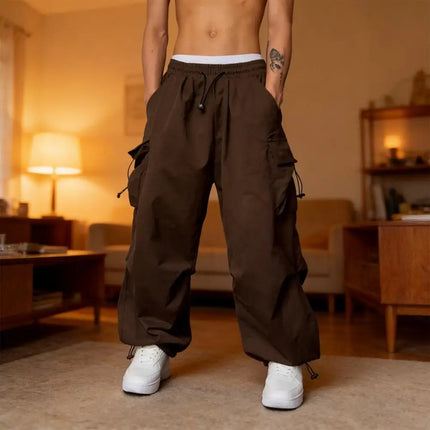 Men Baggy Cargo Pants Solid Color Pants Loose Fit Jogger Trousers With Side Pockets American Style Male Street Outdoor Sports