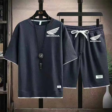 2026 Honda Logo Waffle Men's Summer Short Sleeve And Shorts Two Piece Sets Sports Casual Tracksuit Men Comfortable Cool Shorts O