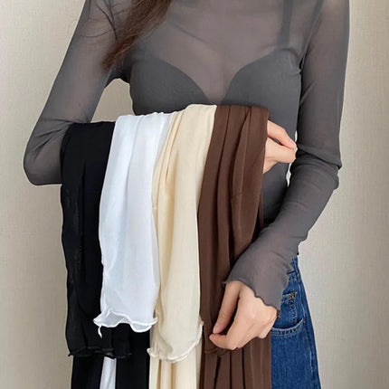 Sexy Women T Shirt See Through Transparent Mesh Tops Long Sleeve Sheer Slim Ladies Solid Turtleneck Silk T-Shirt Lace Crop Top