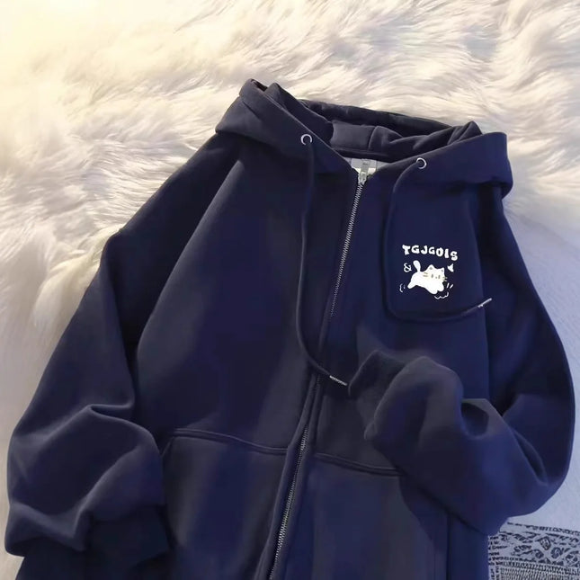 American Style Cat Print Open Cardigan Hoodie Jacket Loose Fit Long Sleeve Polyester Comfortable Casual Commute Style for Women