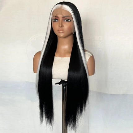 Women's Lace Front Wig Hand Hooked Black with White Highlights Long Straight Heat Resistant Synthetic Lace Wig For Cosplay