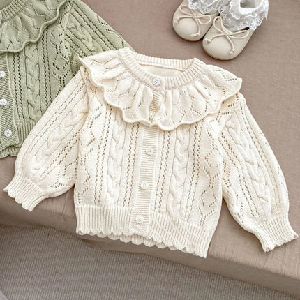Autumn Knit Coat Baby Newborn Girls Sweater Cardigans Hollow Out Floral Ruffle Long Sleeve Girls Tops Coat Korea Girls Clothes
