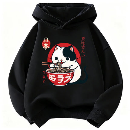 Japanese Style Cat Eat Ramen Hoodie Manga Kids Cat Children's Sweatshirt Cute Hoody for Boys Girls Casual Hoodies Spring