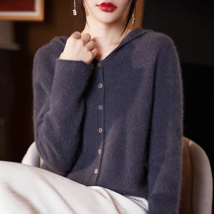 Women's Seamless Wool Hooded Cardigan Women's Autumn And Winter Loose Relaxed Long Sleeve Cashmere Knitted Large Top