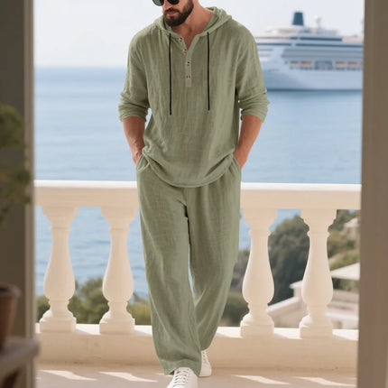 Men's Cotton Linen Casual Set 2 Pieces Spring Summer Loose Fit Hooded Shirt & Pants Set Breathable Vacation 2 Piece Set for Man