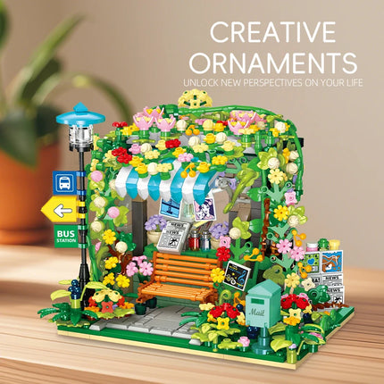 City street scene series building blocks toys, DIY architectural model bus stop assembly toys, girls' holiday gifts.