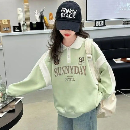 Spring and Autumn Children's Letter Printed Loose Casual Polo Shirt Children's Button Collar Splicing Long Sleeve Top