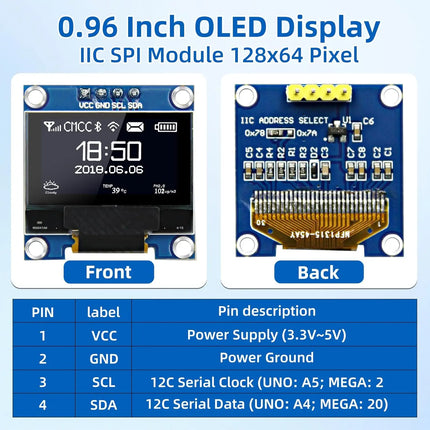 0.96 Inch OLED Display Module, 128x64 Pixel I2C SSD1306 Luminous OLED Screen Board Compatible with Arduino Raspberry Pi ESP32