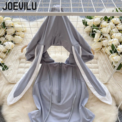 JOVEILU Sexy Erotic Hooded Bodysuit Bunny Role Play Uniform Backless Ladies Secret Costume Summer Party Date Seductive Pajamas