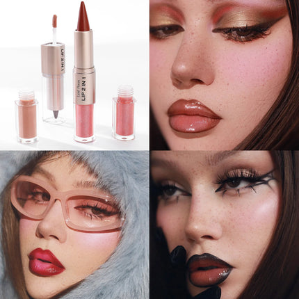 Black Brown Tapered Lip Liner Contour Pencil Double Head Mirror Plumping Lip Glaze Crystal Lip Gloss Sexy Red Lips Tint Makeup