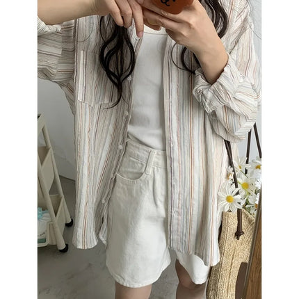 Women's laid-back retro pinstriped shirt, loose long-sleeved short-sleeved cardigan, sun-protective coat