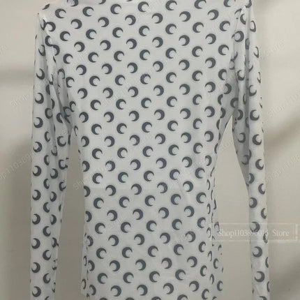 Moon Printed Tshirt Graphic Top for Women Stretchy Slim Korean Fall Spring Long Sleeve Tees Y2k Grunge T-Shirt 2000s Clothes