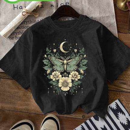Women's Casual Short Sleeve Crew Neck 100% Cotton T-Shirt Butterfly Floral Print with Moon Stars Spring & Summer Top Clothing