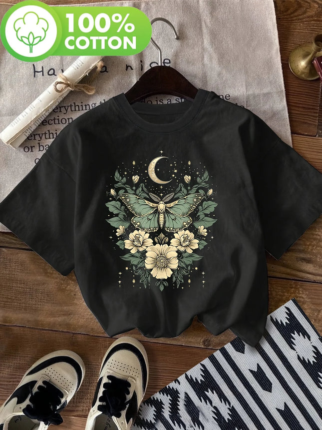 Women's Casual Short Sleeve Crew Neck 100% cotton T-Shirt Butterfly Floral Print with Moon Stars Spring & Summer Top Clothing